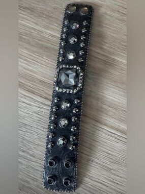 Black Gem-Studded Leather Bracelet